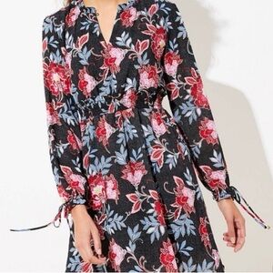 LOFT 2 Multicolor Floral Print Long Sleeve Smocked Waist Dress